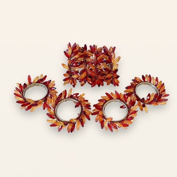 Set of 8 Beaded Wreath Napkin Rings Fall Autumn Thanksgiving Amber Red - Picture 7 of 13
